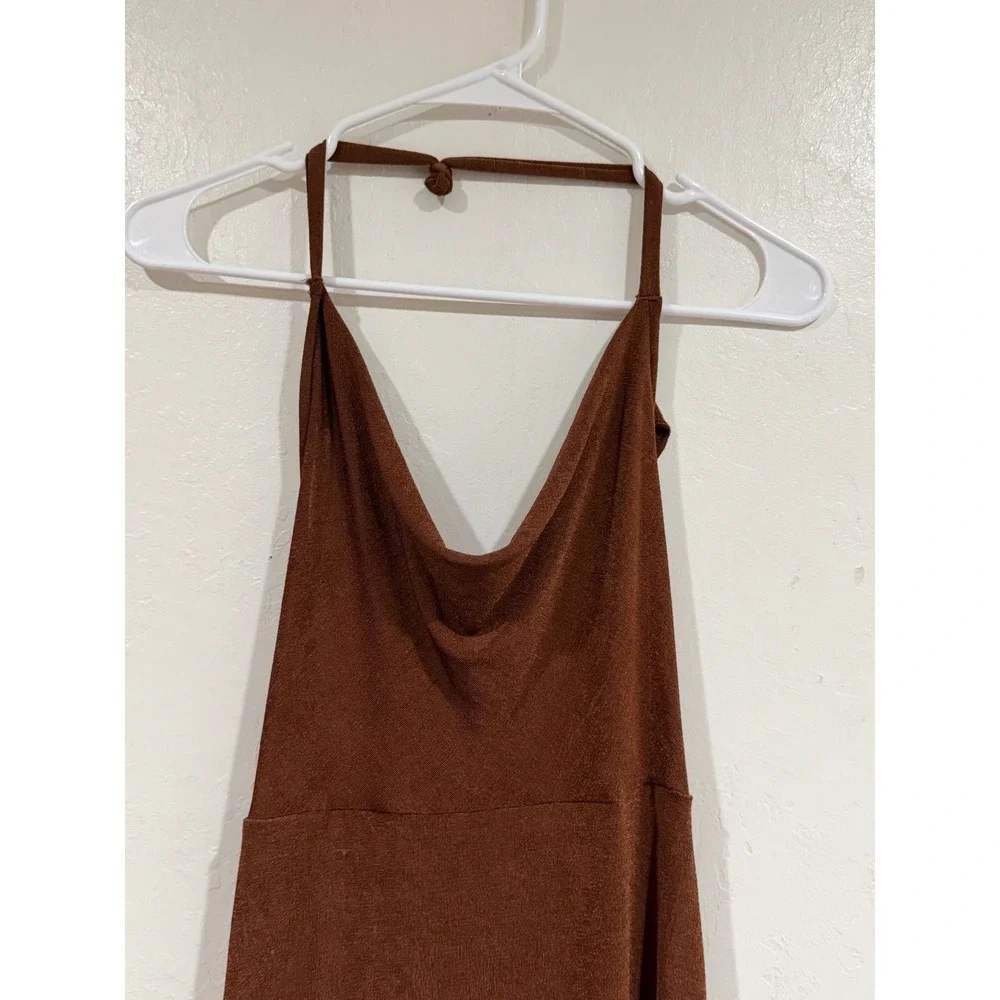 Free People Intimately Cowl Neck Halter Maxi Dress Brown Backless Slit XS NEW